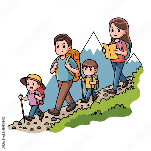 Family Hiking Adventure Mountain Trail Illustration Vector