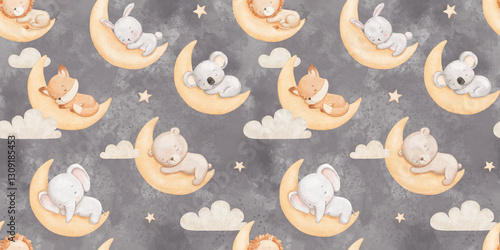 Seamless pattern with baby animals sleeping on moon, watercolor illustrations. Cute elephant, bear and fox, repeating design for nursery