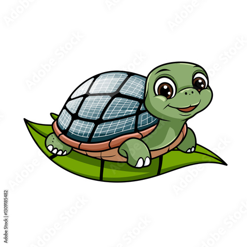 Cute Solar Powered Turtle on Leaf Vector Cartoon Illustration