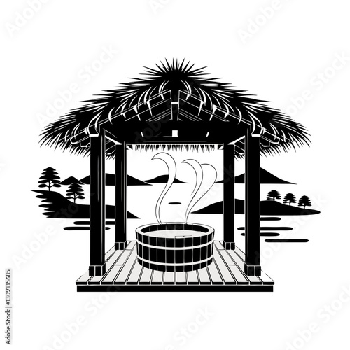Tropical Gazebo with Hot Tub Overlooking Scenic Lake Vector Illustration