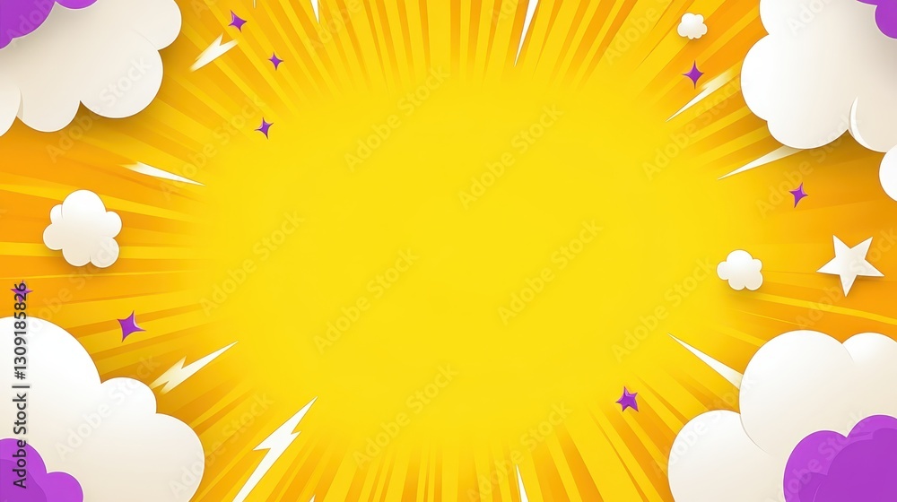 Vibrant sunburst design bursting with energy, featuring dynamic clouds, shimmering stars, and striking lightning bolts, creating an engaging and lively backdrop for various uses Vibrant sunburst design bursting with energy, featuring dynamic clouds, shimmering stars, and striking lightning bolts, creating an engaging and lively backdrop for various uses