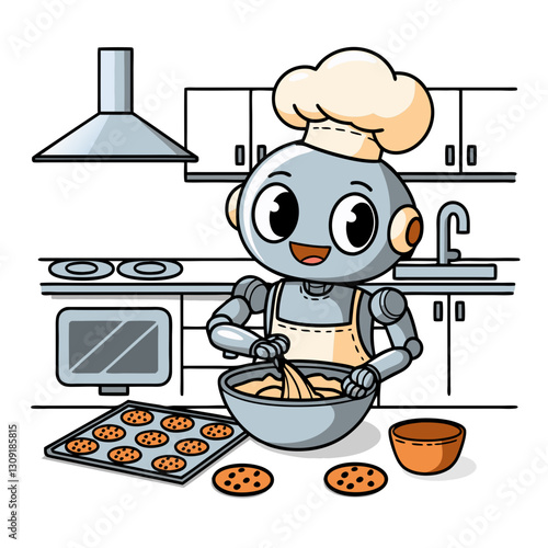 Cute Robot Chef Baking Cookies in Modern Kitchen Vector Illustration