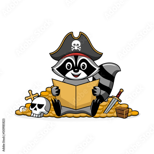 Pirate Raccoon Reading Treasure Map with Gold Coins and Skull Vector Illustration