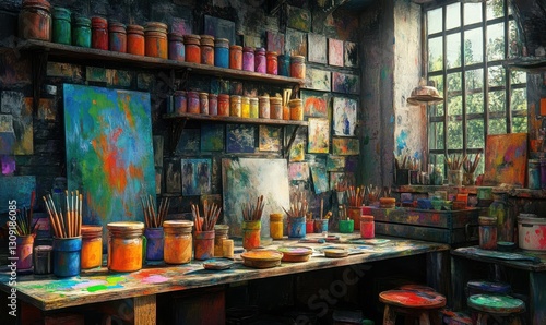 Wallpaper Mural A vibrant artist's studio filled with paint jars and brushes. Torontodigital.ca