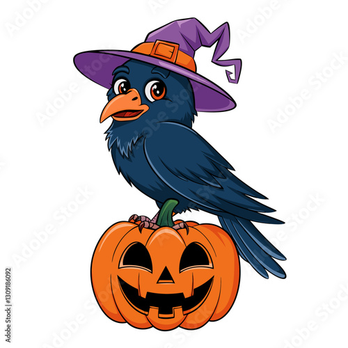 Halloween Crow Cartoon on Pumpkin with Witch Hat Vector Illustration