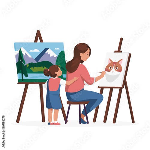Mother and Daughter Painting Together Art Easel Creative Hobby Family Bonding