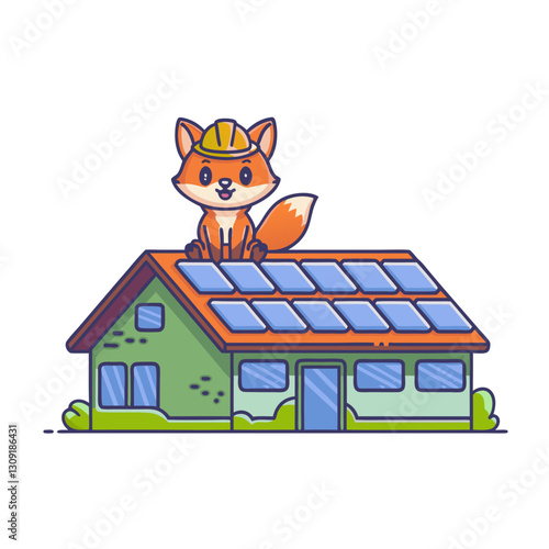 Cute Fox with Hard Hat on Solar Panel Roof Eco-Friendly Vector Art