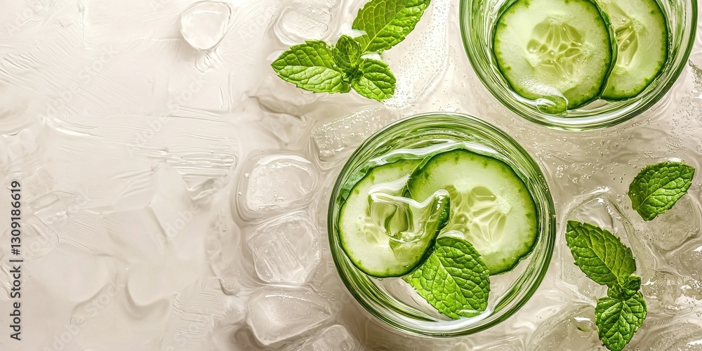 Obraz premium Floating wellness water with cucumber and mint on a soft cream background