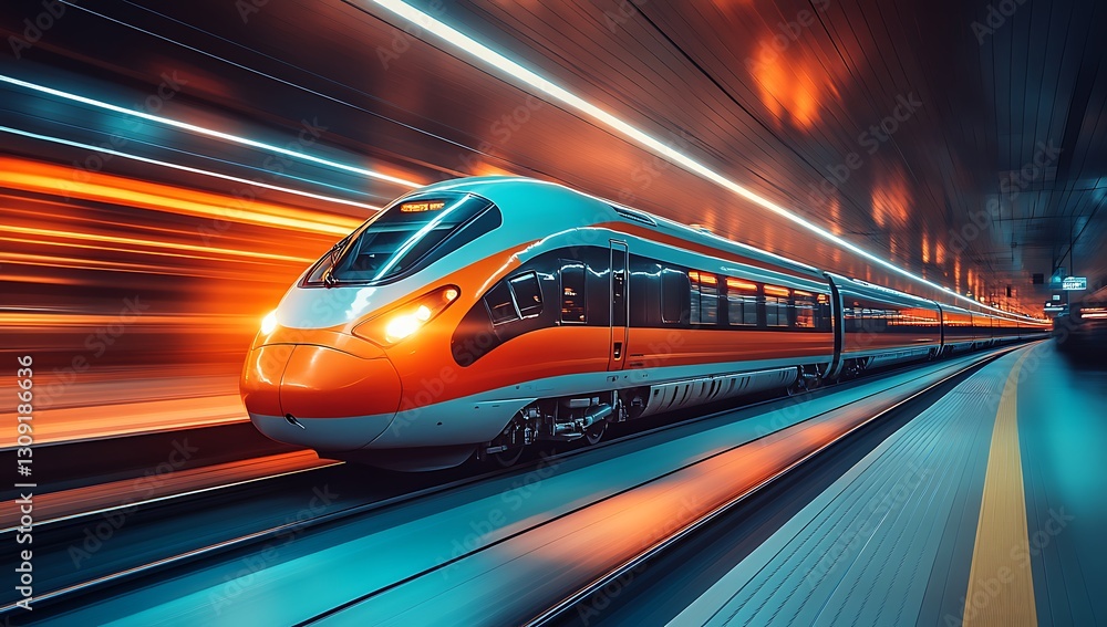Fototapeta premium High-Speed Train Entering Station at Night Dynamic Motion Blur Artwork