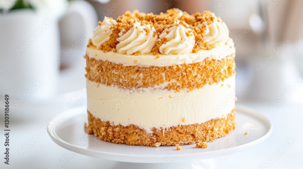 Petite layered cake combining delicate sponge, creamy filling, and crisp crumble topping, offering sweet decadence for special moments or casual treats Petite layered cake combining delicate sponge, creamy filling, and crisp crumble topping, offering sweet decadence for special moments or casual treats