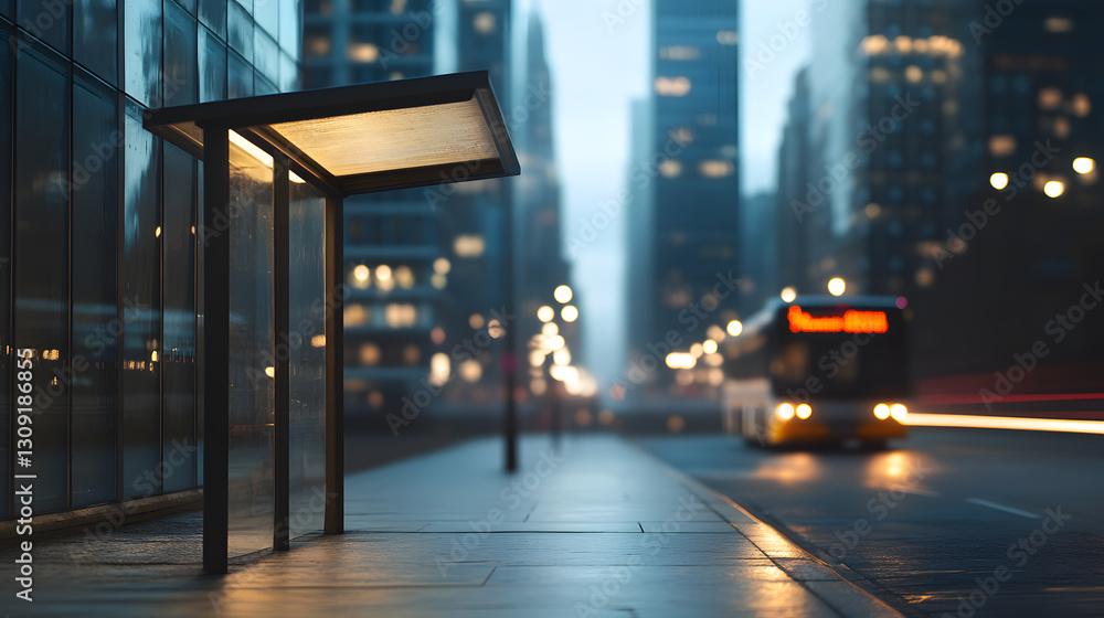 A hyper-realistic photograph of a solitary bus stop standing on an empty sidewalk, illuminated by cold streetlights. In the background, towering skyscrapers with reflective glass windows loom over A hyper-realistic photograph of a solitary bus stop standing on an empty sidewalk, illuminated by cold streetlights. In the background, towering skyscrapers with reflective glass windows loom over