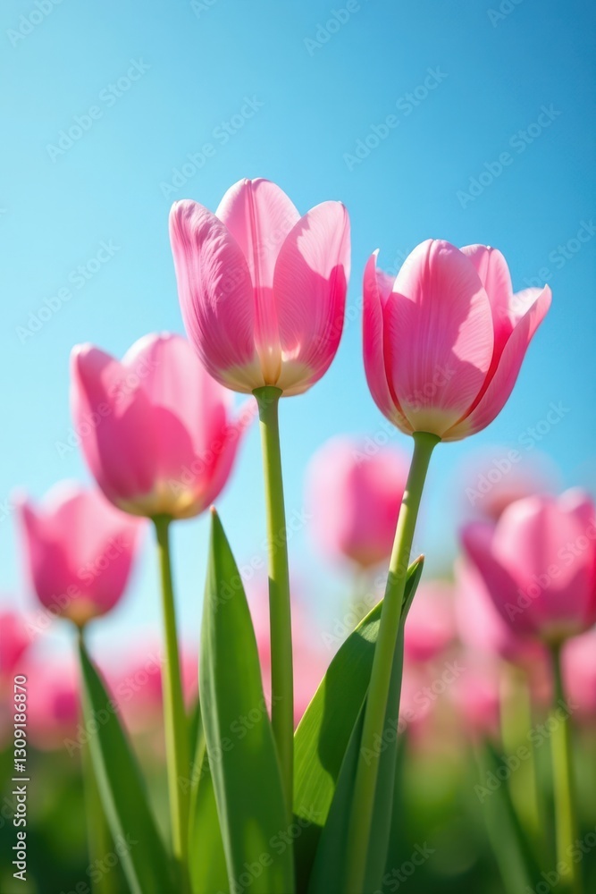 Fototapeta premium Pink tulip cluster, clear azure sky, bright spring scene, web, design, vibrant