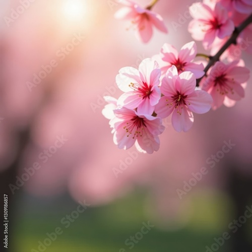 Pink cherry blossoms in full bloom, sunlight filtering through delicate petals , landscape, oriental, fresh