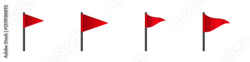 A variety of red flags displayed on poles, each with distinct shapes and designs.