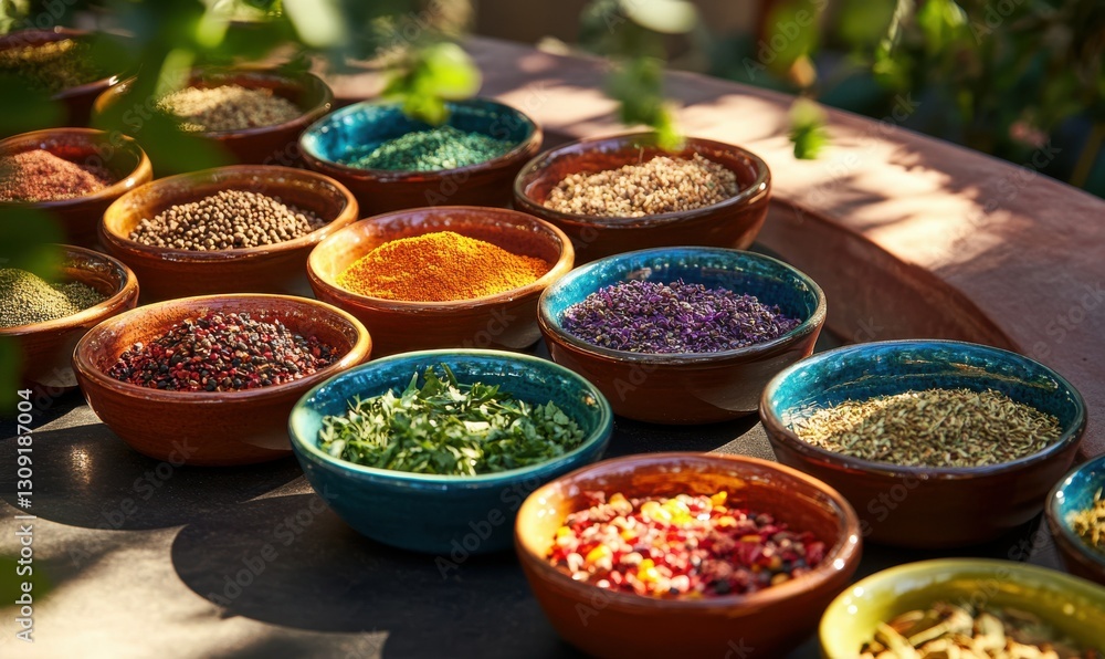 Fototapeta premium A vibrant display of various spices and herbs in bowls.
