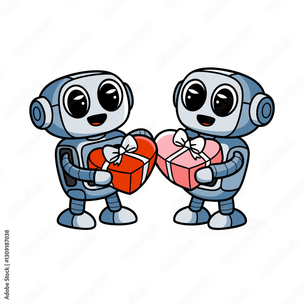 Cute Robots Exchanging Heart-Shaped Presents Vector Illustration Cute Robots Exchanging Heart-Shaped Presents Vector Illustration