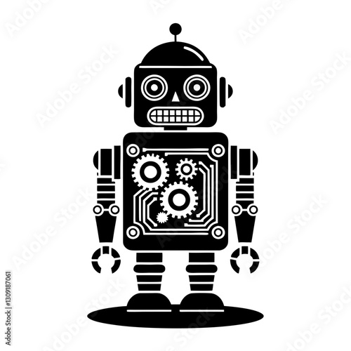 Vintage Robot Vector Illustration with Gears and Circuitry for Design and Coloring