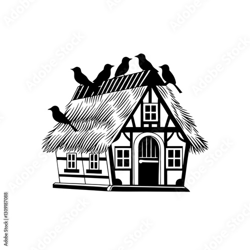 Rustic Cottage with Thatched Roof and Birds Vector Illustration for Craft Projects