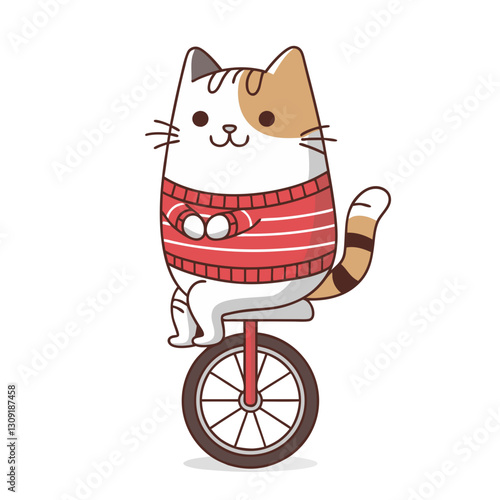 Cute Cat Balancing on Unicycle in Adorable Striped Sweater Cartoon Vector Art