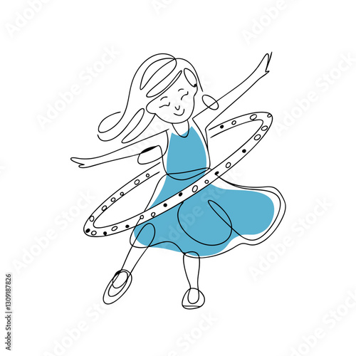 Vector Illustration of Happy Girl Playing with Hula Hoop for Kids Coloring Book and Art Projects