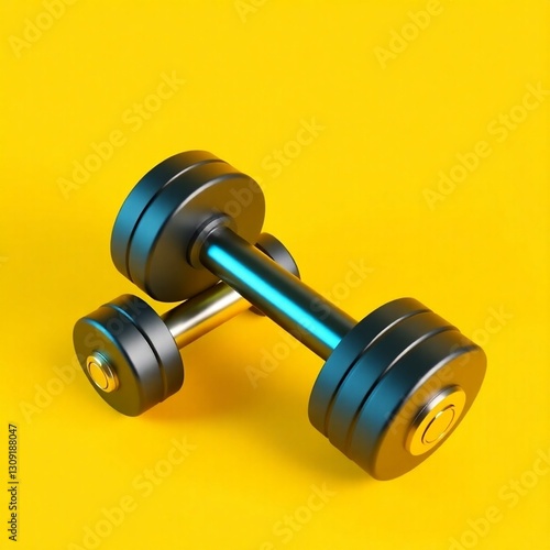 High-resolution 3D rendered illustration of dumbbells on a vibrant yellow background, suitable for a sports banner. Commercial quality, professional lighting and composition