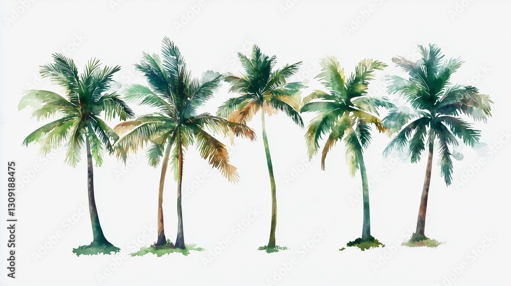 Obraz premium Watercolor painting of palm trees. Watercolor of coconuts on a tree. A set of transparent backgrounds. A watercolor depiction of palm trees lifestyle.