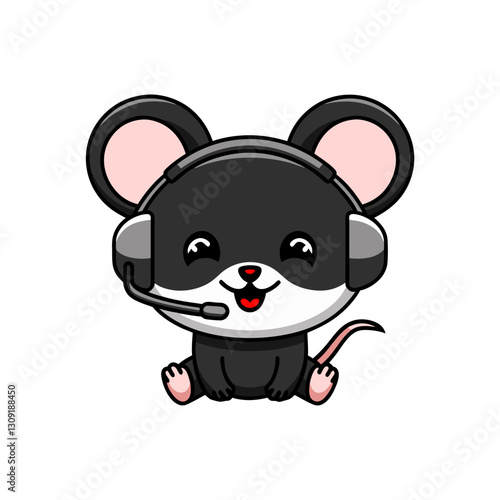 Cute Mouse with Headset Cartoon Vector for Communication and Customer Service