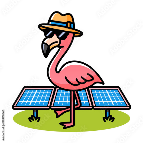 Cool Flamingo Cartoon with Hat and Sunglasses Standing on Solar Panels Vector Art