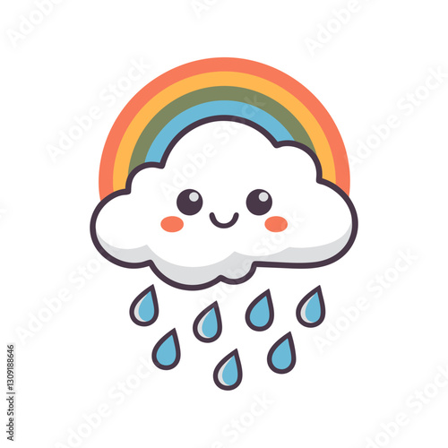 Cute Smiling Cloud with Rainbow and Raindrops Cartoon Vector Illustration