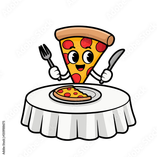 Cartoon Pizza Slice Character Ready to Eat Vector for Menus and Kids' Coloring Books