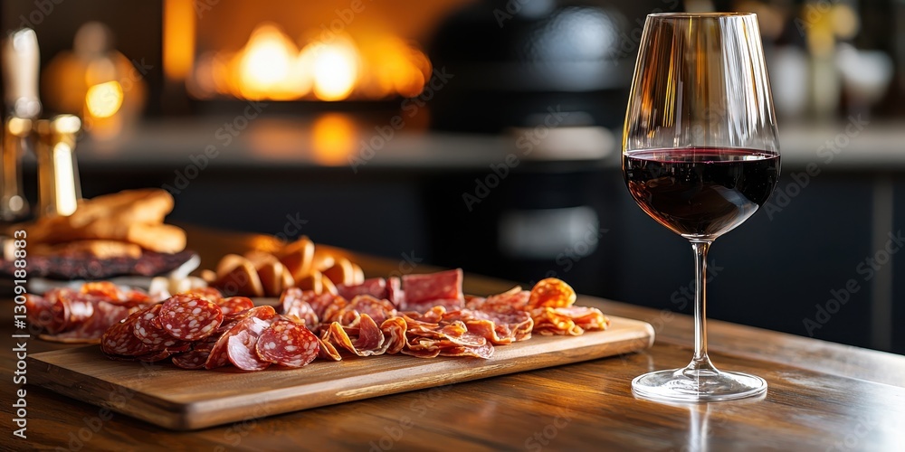 Charcuterie or cured meat board with assorted meats, bread, and a glass of red wine in a cozy setting. Charcuterie or cured meat board with assorted meats, bread, and a glass of red wine in a cozy setting.
