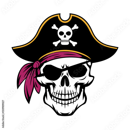 Pirate Skull with Bandana and Eyepatch Vector Illustration for Tattoos and Graphic Design