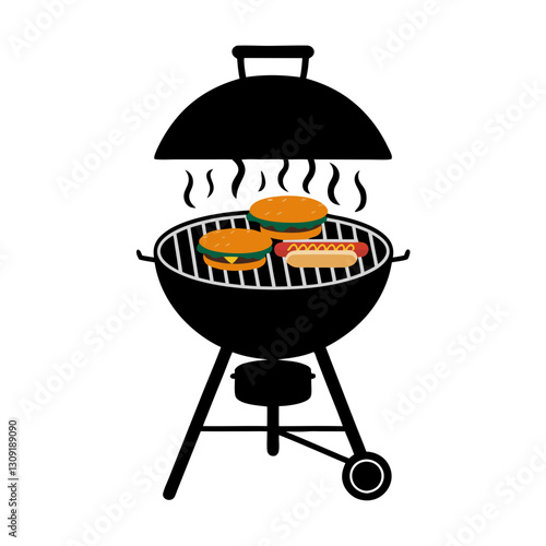 Grilling Burgers and Sausage on Charcoal BBQ for Summer Barbecue Party Vector