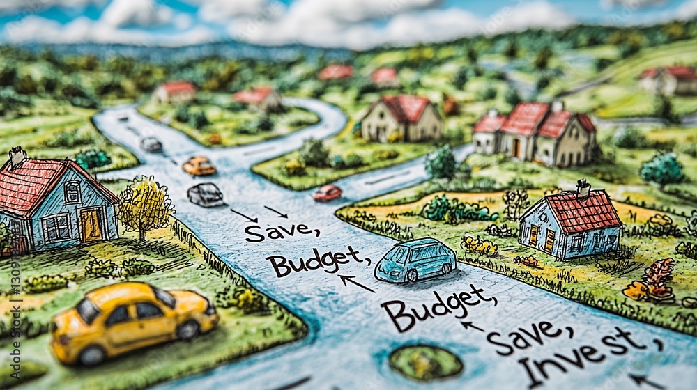 Obraz premium Map depicting a charming small town nestled alongside a serene river surrounded by nature