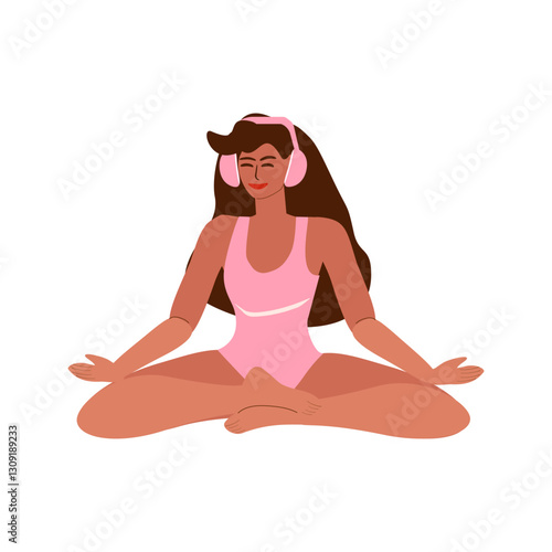 Young tanned woman in swimsuit with headphones listening to music and meditating, yoga class in summer - vector color flat illustration for banners, cards, posters, flyers