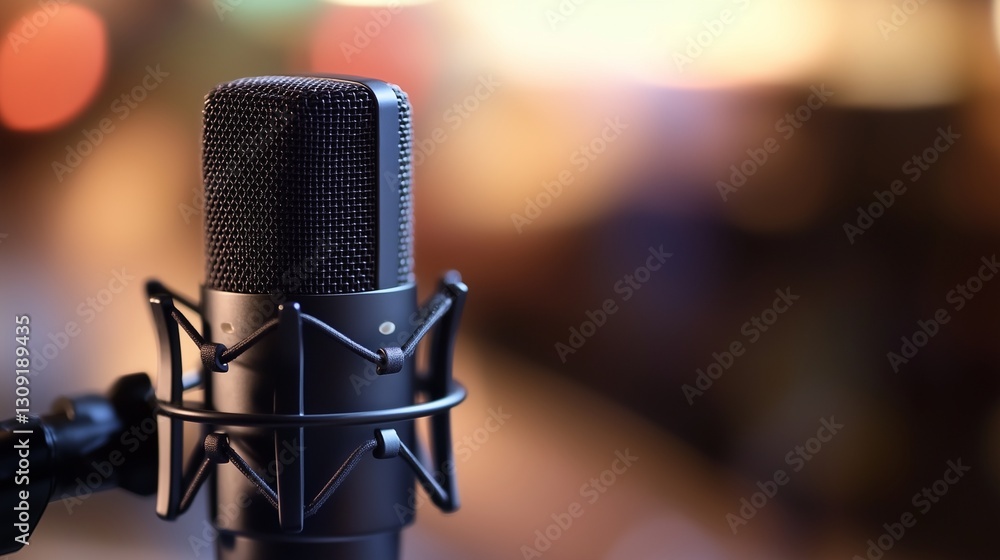 Microphone on table with blurred lights. Black studio with black wall. A man broadcasts a microphone. A microphone placed on a table with hazy lights lifestyle. Microphone on table with blurred lights. Black studio with black wall. A man broadcasts a microphone. A microphone placed on a table with hazy lights lifestyle.