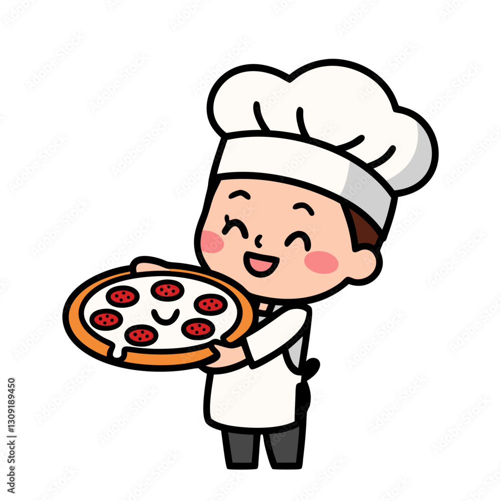 Cute Cartoon Chef Holding Smiling Pizza Vector for Kids and Cooking Themes Cute Cartoon Chef Holding Smiling Pizza Vector for Kids and Cooking Themes