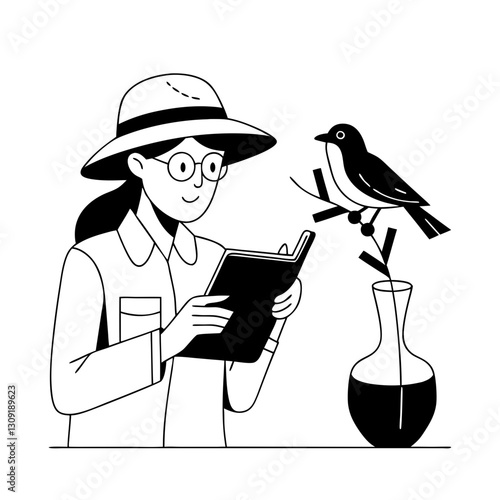 Woman Reading in Nature with Bird Illustrated Vector for Education or Coloring Book