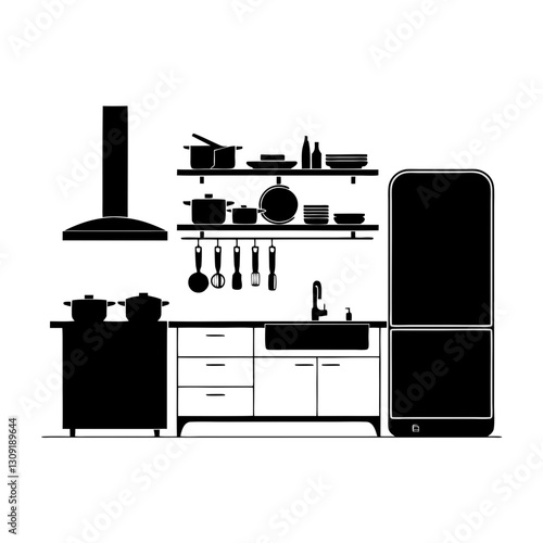 Modern Kitchen Silhouette Design with Appliances and Utensils for Wall Art or Illustration