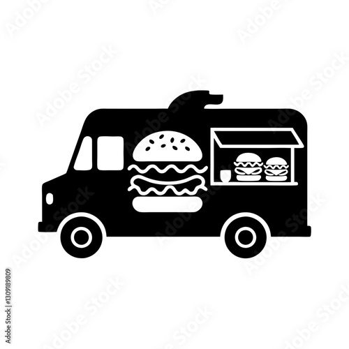 Food Truck Vector Silhouette with Burgers for Cafes and Street Food Businesses