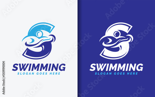 A minimalist symbol logo featuring the letter S seamlessly combined with a swimming people. Representing sports, fitness, and aquatic activities.