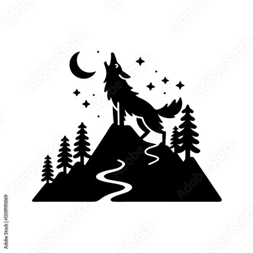 Wolf Howling on Mountain Silhouette Under Moonlit Night with Stars and Pine Trees