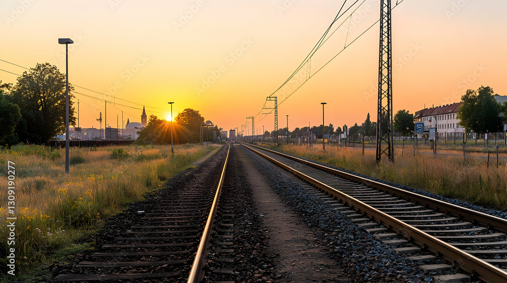Golden Sunset Over Railway Tracks Leading Towards Horizon with City Skyline Golden Sunset Over Railway Tracks Leading Towards Horizon with City Skyline
