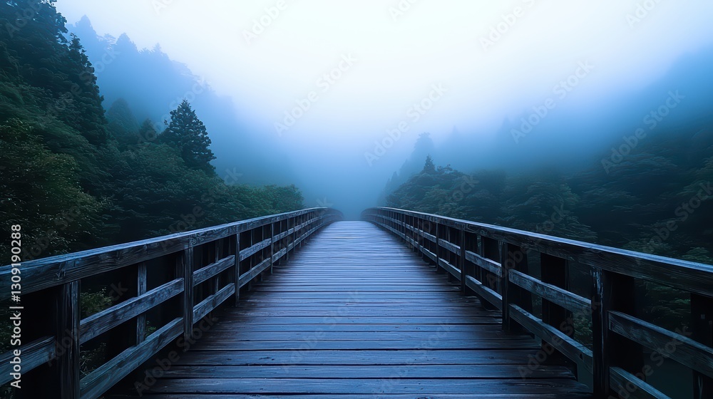 Obraz premium Misty Japanese Wooden Bridge Crossing Over a Serene River Surrounded by Lush Greenery