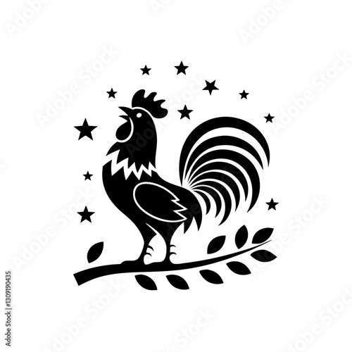 Vector Rooster on Branch Surrounded by Stars for Tattoo or Coloring Book Design