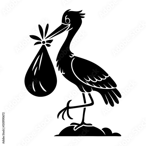 Stork Silhouette Carrying Bundle Symbol of Newborn Arrival Illustration