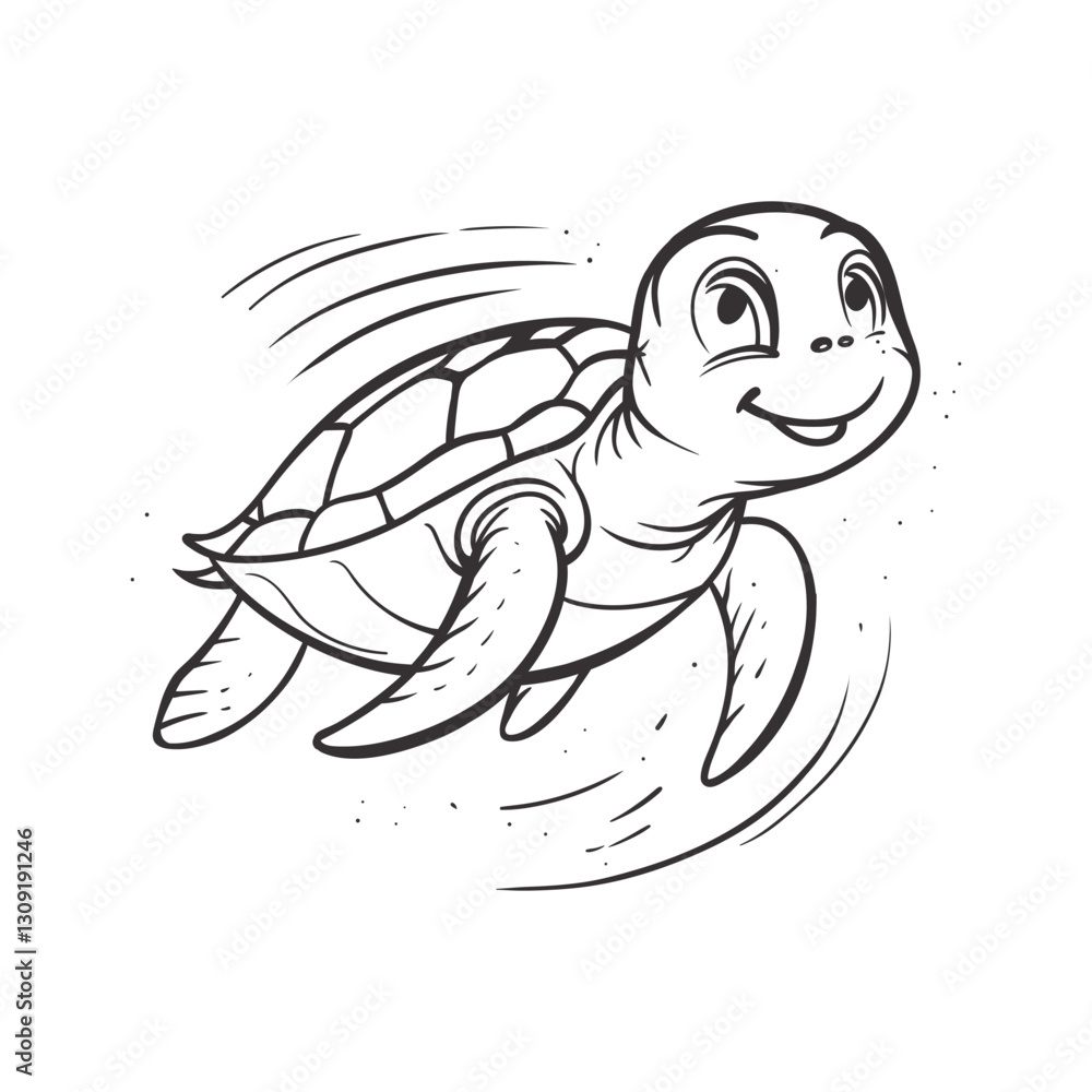 Obraz premium A playful line art illustration of a cartoon sea turtle swimming