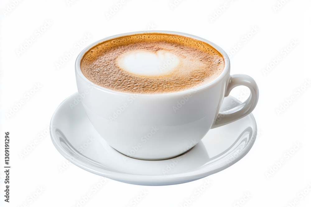 Hot Cappuccino in White Cup with Rich Foam Isolated on White Background