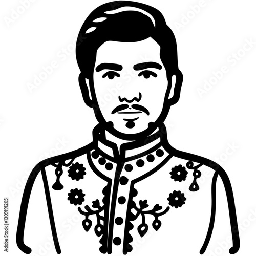 Vector Portrait of Man in Traditional Embroidered Attire for Tattoo and Coloring Book Design