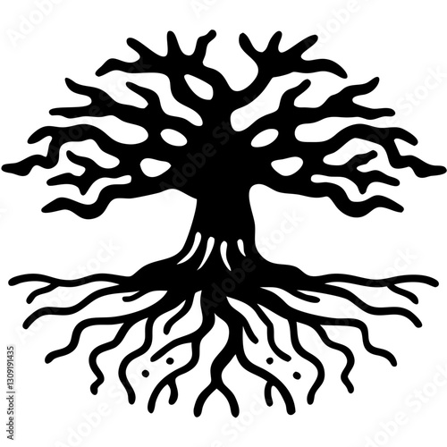 Intricate Tree of Life Silhouette with Roots for Tattoo Design or Coloring Book Art
